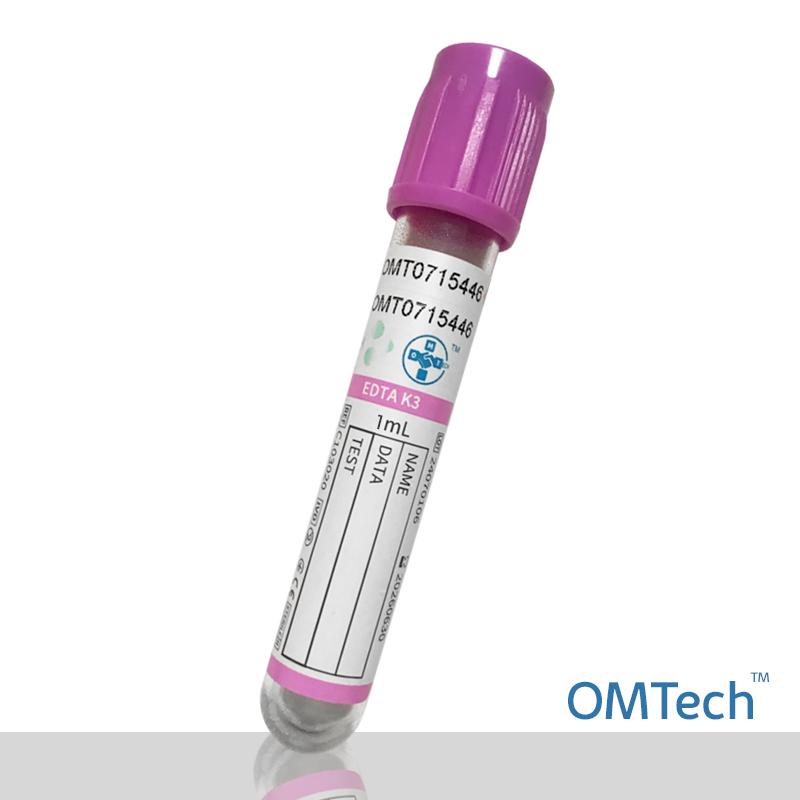 Пробірка Вакуумна для забору крові "OMTech", K3 EDTA, стерильна, з бузковою кришкою, 1 мл, 13*75 мм RENJI MEDICAL